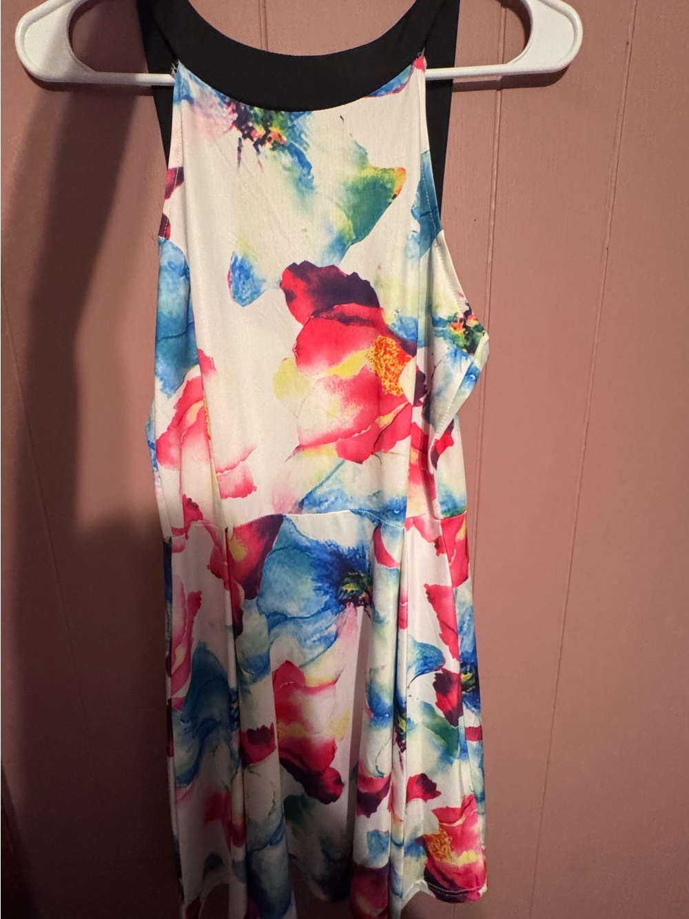 Halter Neck Style Floral Watercolor Print Dress in White with Multicolor Accents